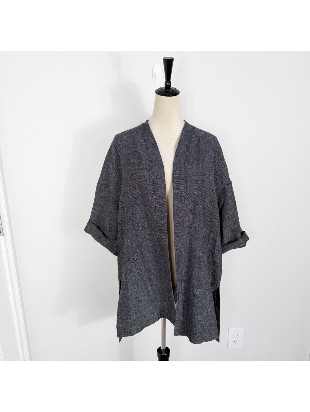 Eileen Fisher Organic Linen Open Long Tunic Jacket Gray Lagenlook Size XL
